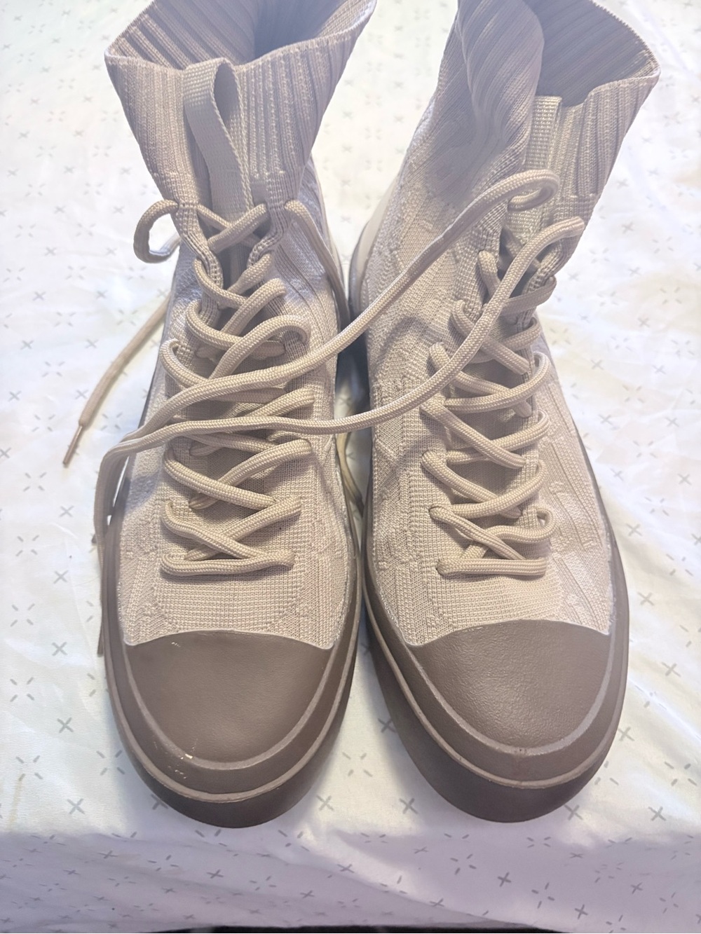 Neutral Knit High-Top Lace-Up Sneakers - Beige